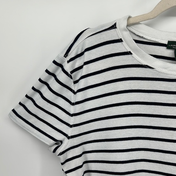 LRL Black&White Striped Short Sleeve T-Shirt Left Shoulder Button Detail Sz XL - Picture 5 of 10